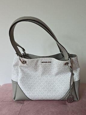 Michael Kors White & Taupe Logo Shoulder Bag